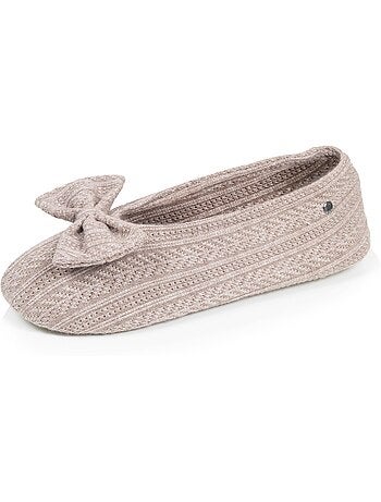 Chaussons ballerines ultra confortables, semelle cuir tannage végétal, grand nœud, femme isotoner