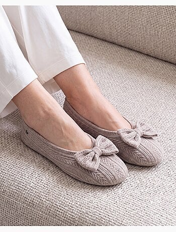 Chaussons ballerines ultra confortables, semelle cuir tannage végétal, grand nœud, femme isotoner