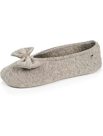 Chaussons ballerines ultra confortables, semelle cuir tannage végétal, grand nœud, femme isotoner