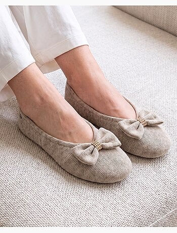 Chaussons ballerines ultra confortables, semelle cuir tannage végétal, grand nœud, femme isotoner