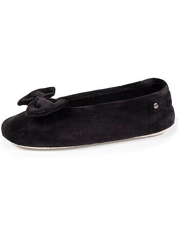 Chaussons ballerines ultra confortables, semelle cuir tannage végétal, grand nœud, femme isotoner