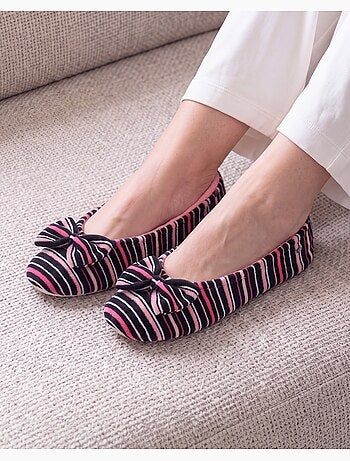 Chaussons ballerines ultra confortables, semelle cuir tannage végétal, grand nœud, femme isotoner