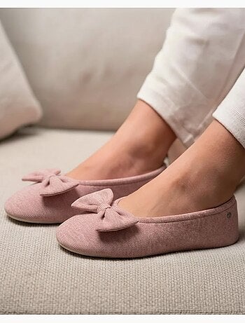 Chaussons ballerines ultra confortables, semelle en cuir, femme isotoner