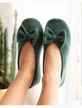 Chaussons ballerines ultra confortables, semelle cuir tannage végétal, grand nœud, femme isotoner