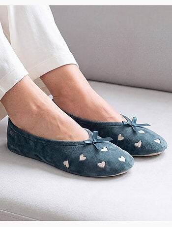 Chaussons ballerines ultra confortables, semelle cuir tannage végétal, grand nœud, femme isotoner