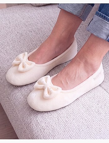 Chaussons ballerines ultra confortables, semelle cuir tannage végétal, grand nœud, femme isotoner