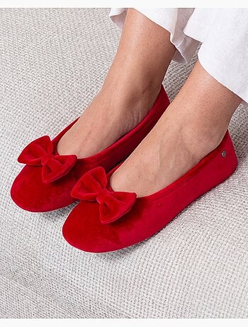 Chaussons ballerines ultra confortables, semelle cuir tannage végétal, grand nœud, femme isotoner
