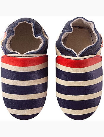 Chaussons b?b? cuir souple Marcus ray? marine et rouge