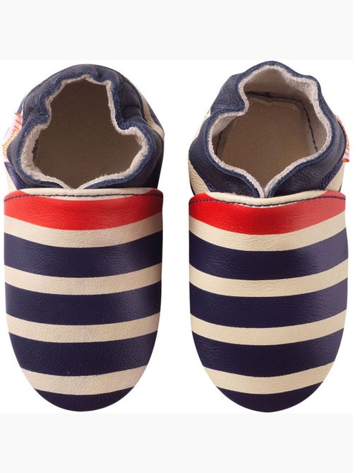 Chaussons b?b? cuir souple Marcus ray? marine et rouge - Kiabi