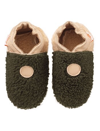 Chaussons bébé cuir souple bouclettes kaki-beige