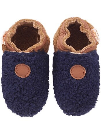 Chaussons bébé cuir souple bouclettes marine-noisette