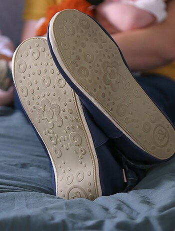 Chaussons bébé cuir souple bouclettes marine-noisette