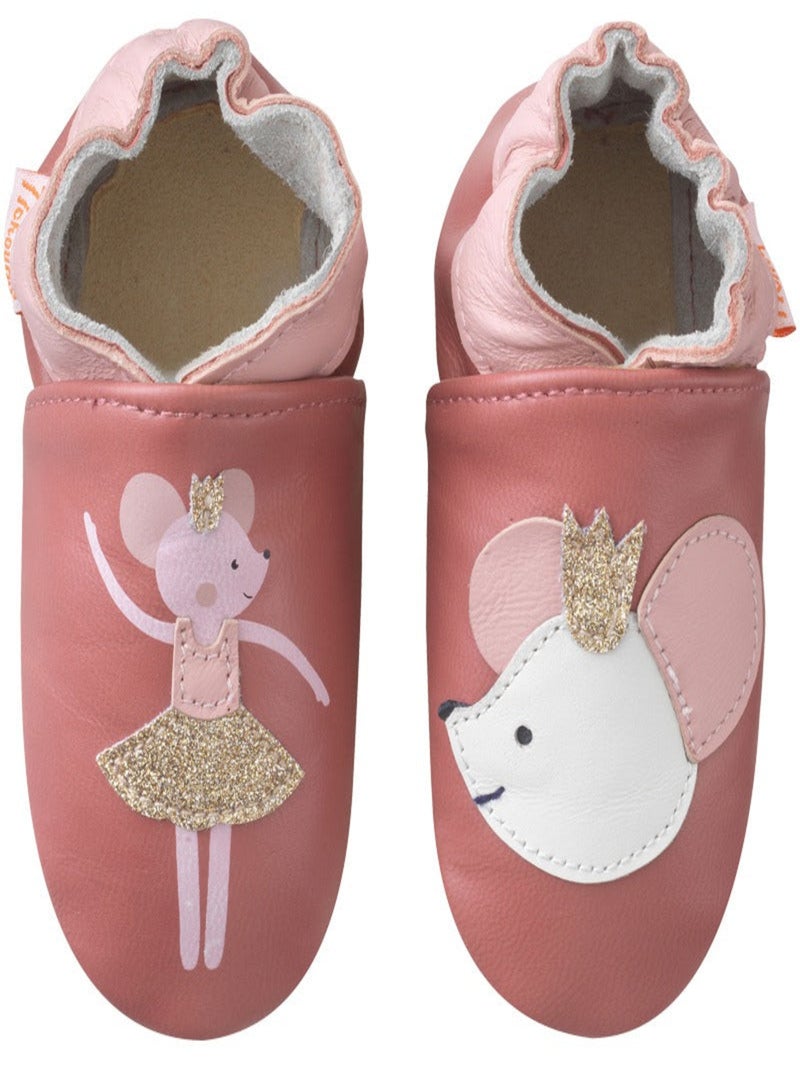 Chaussons bébé cuir souple Coralie la souris Rose - Kiabi