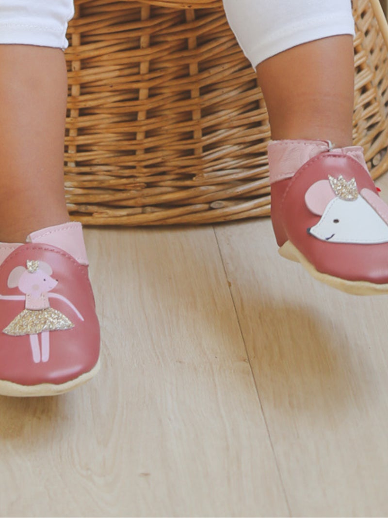Chaussons bébé cuir souple Coralie la souris Rose - Kiabi