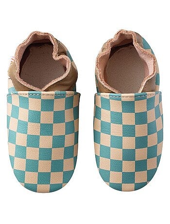 Chaussons bébé cuir souple damier