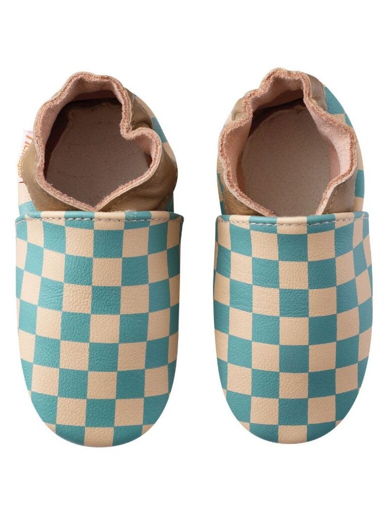 Chaussons bébé cuir souple damier Bleu - Kiabi