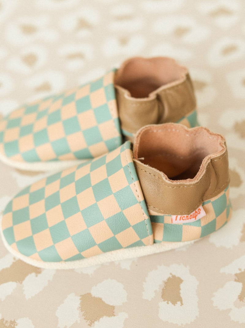 Chaussons bébé cuir souple damier Bleu - Kiabi