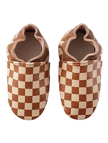 Chaussons bébé cuir souple damier
