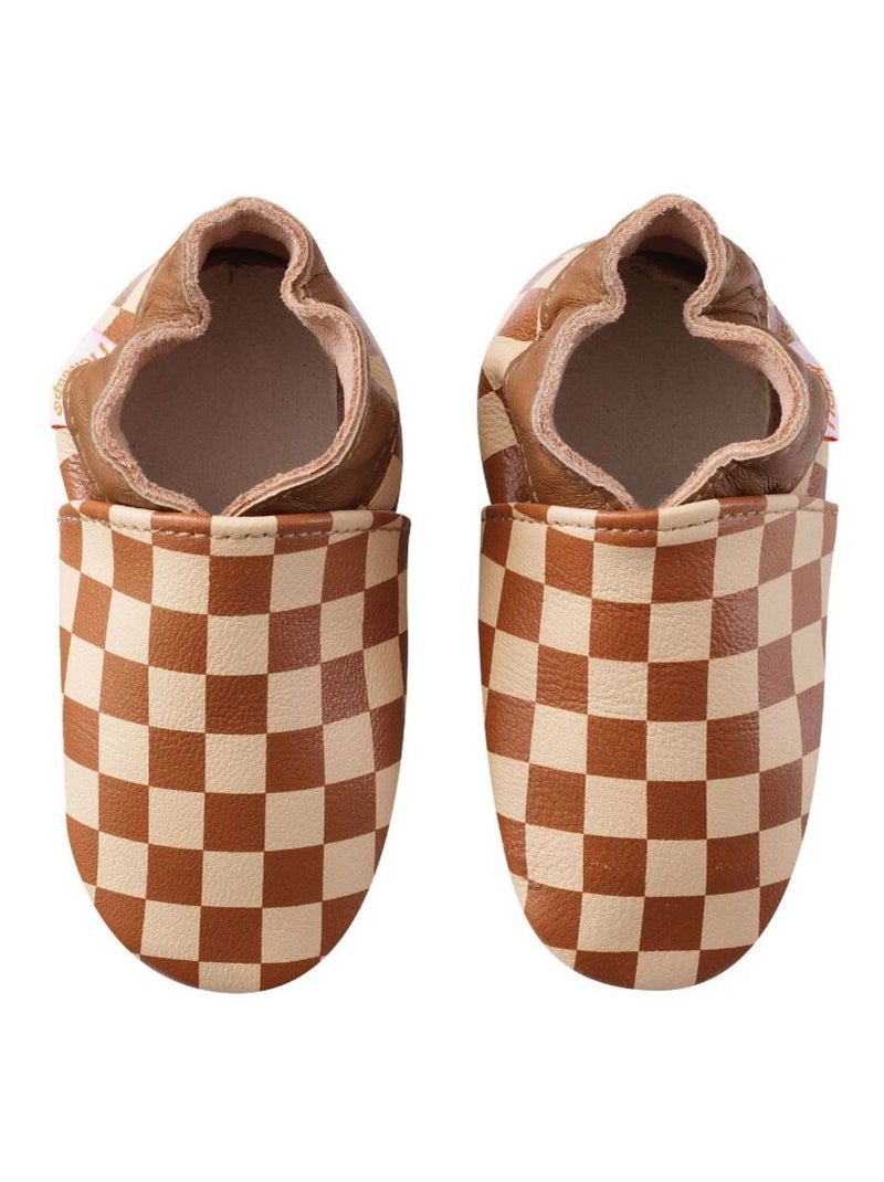 Chaussons bébé cuir souple damier Marron - Kiabi