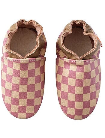 Chaussons bébé cuir souple damier