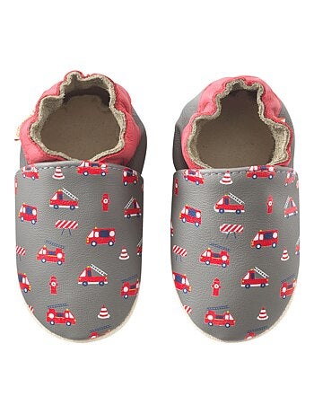 Chaussons bébé cuir souple Honoré les camions de pompiers