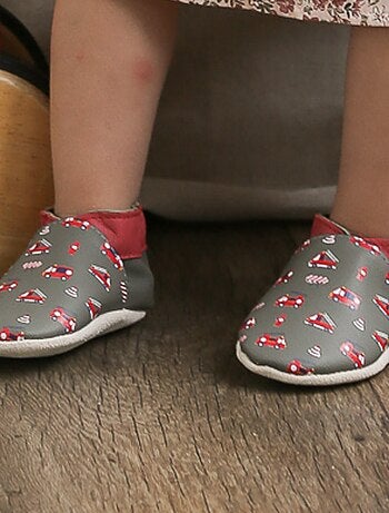 Chaussons bébé cuir souple Honoré les camions de pompiers