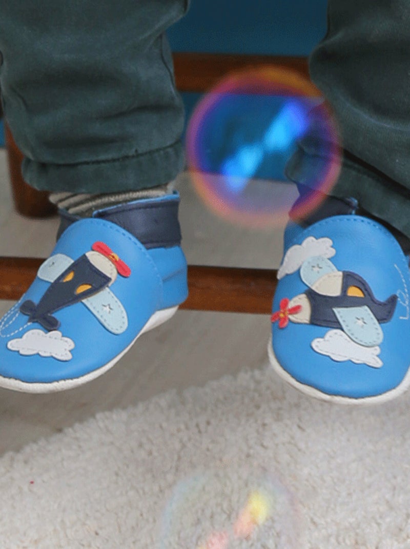 Chaussons bébé cuir souple Léon l'avion Bleu - Kiabi
