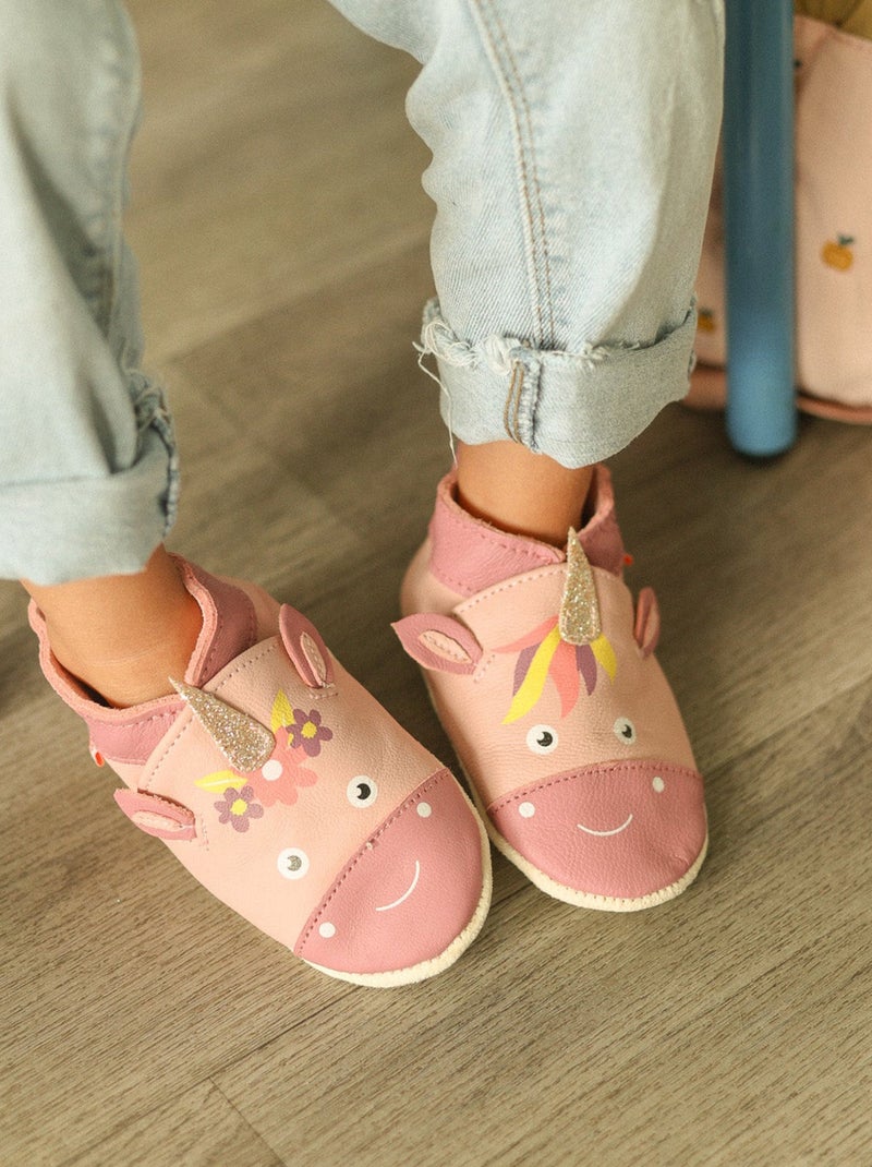 Chaussons bébé cuir souple Lise la licorne Rose - Kiabi