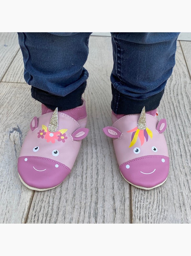 Chaussons bébé cuir souple Lise la licorne Rose - Kiabi