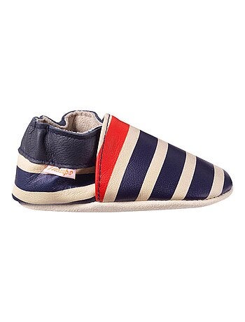 Chaussons bébé cuir souple Marcus rayé marine et rouge