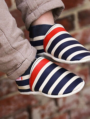 Chaussons bébé cuir souple Marcus rayé marine et rouge