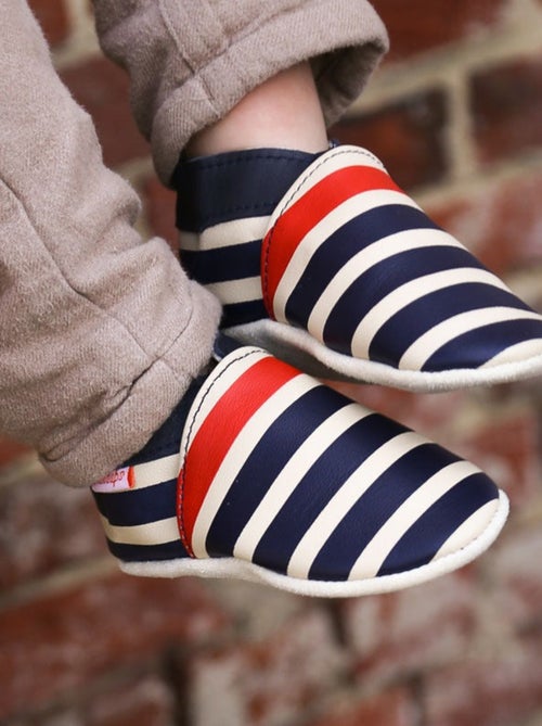 Chaussons bébé cuir souple Marcus rayé marine et rouge - Kiabi