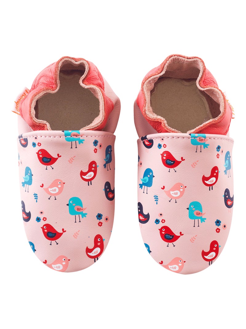 Chaussons bébé cuir souple Margaux les oiseaux Rose - Kiabi
