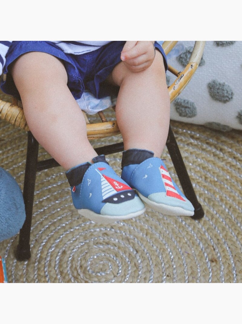 Chaussons bébé cuir souple mathéo sur l'eau Bleu - Kiabi