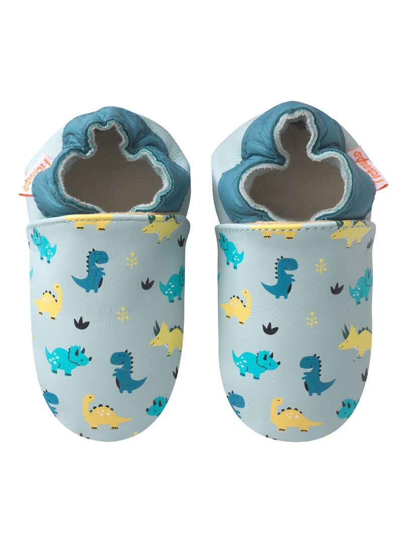 Chaussons cuir bébé Carozoo Dinosaure fond bleu pour enfant et bébé