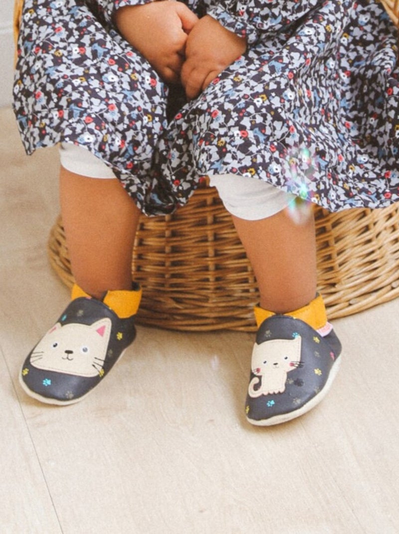 Chaussons bébé cuir souple Nina le chat Bleu - Kiabi