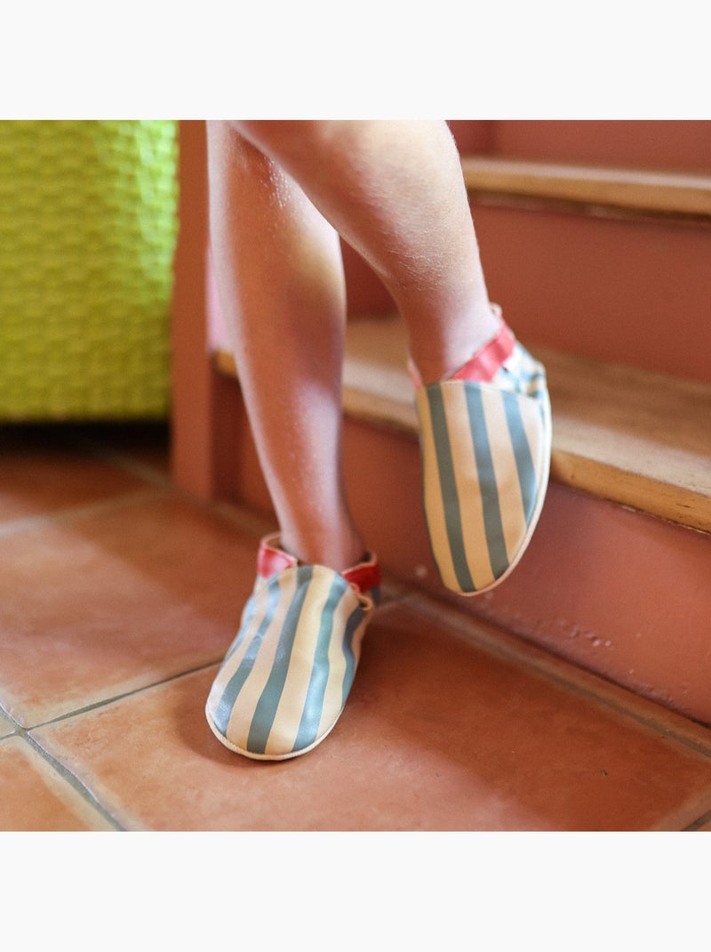 Chaussons bébé cuir souple rayures Bleu - Kiabi