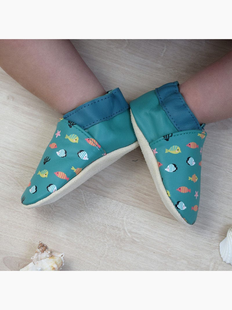 Chaussons bébé cuir souple simon et ninon les poissons Vert - Kiabi