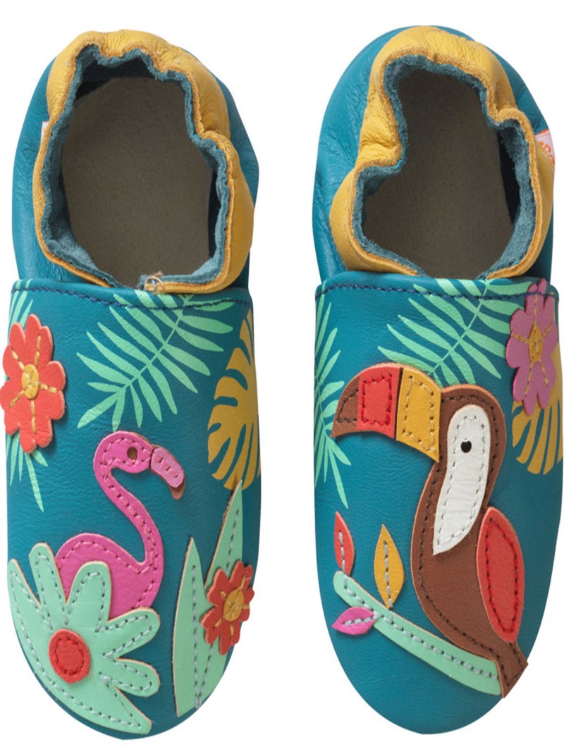 Chaussons bébé cuir souple Soizic sous les tropiques Bleu - Kiabi