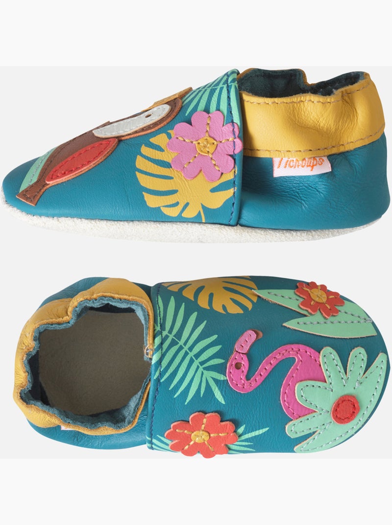 Chaussons bébé cuir souple Soizic sous les tropiques Bleu - Kiabi