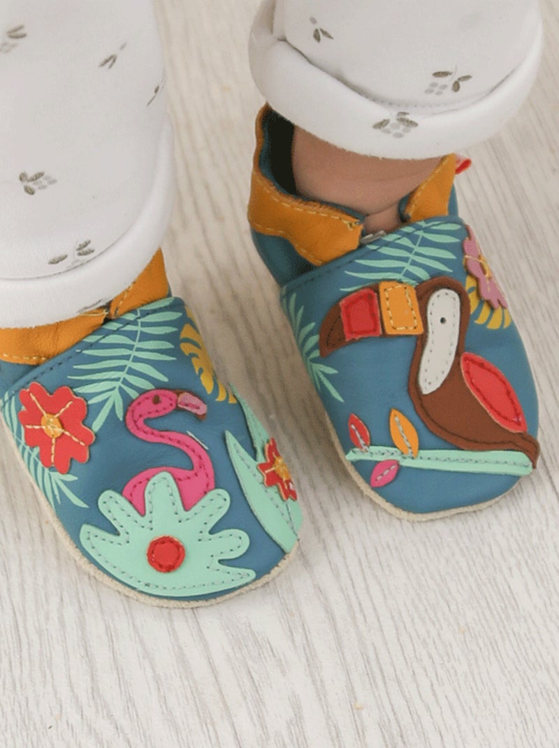 Chaussons bébé cuir souple Soizic sous les tropiques Bleu - Kiabi