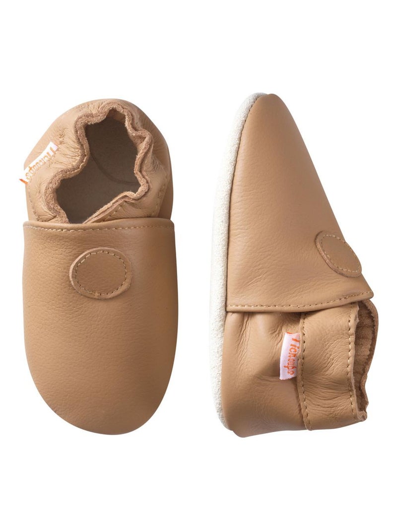Chaussons bébé cuir souple Uni Marron clair - Kiabi
