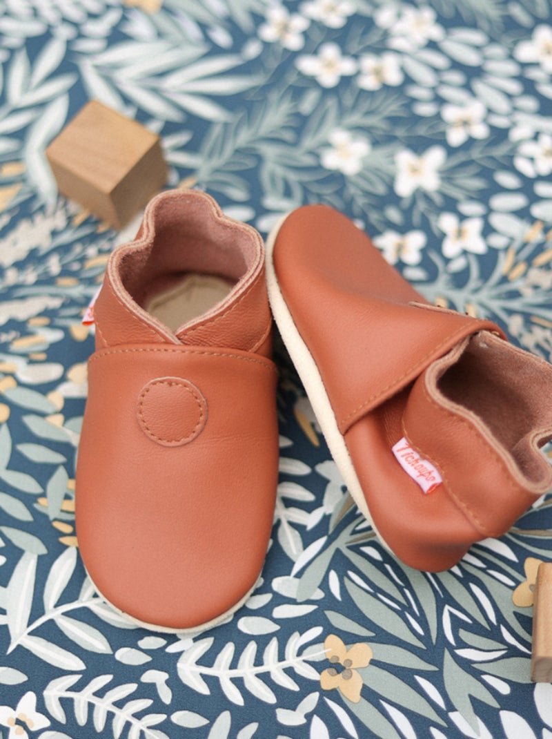 Chaussons bébé cuir souple Uni Marron - Kiabi
