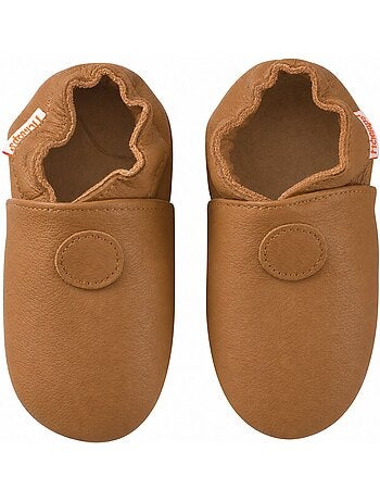 Chaussons bébé cuir souple uni marron