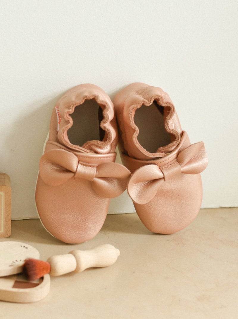 Chaussons bébé cuir souple uni nœuds Rose - Kiabi