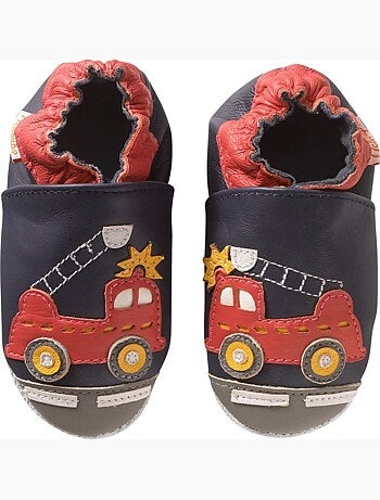 Chaussons bébé cuir souple Xavier le camion de pompier