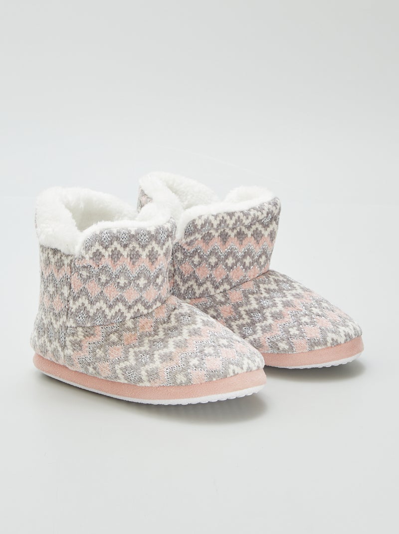 Chaussons boots jacquard fourrées Gris/rose - Kiabi