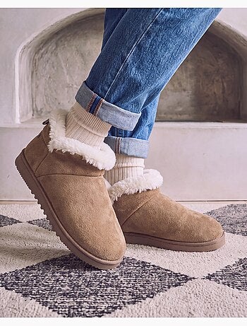 Chaussons bottillons cuir camel semelle gomme crantés femme isotoner