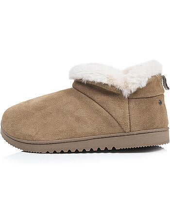 Chaussons bottillons cuir camel semelle gomme crantés femme isotoner