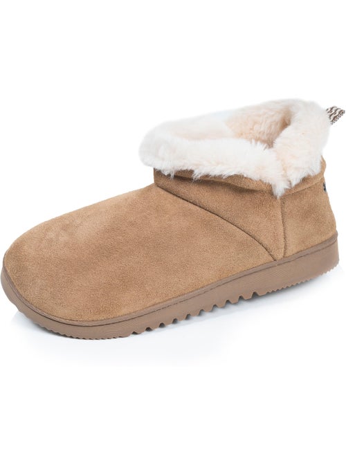 Chaussons bottillons cuir camel semelle gomme crantés femme isotoner - Kiabi